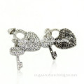 Fashion Heart lock pendant keys with stone zinc alloy jewelry accessories